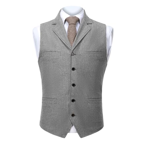 Mens Suit Vests Business Formal Herringbone Tweed Vest Premium Wool Blend Slim Fit Casual Waistcoat Wedding Groomsmen