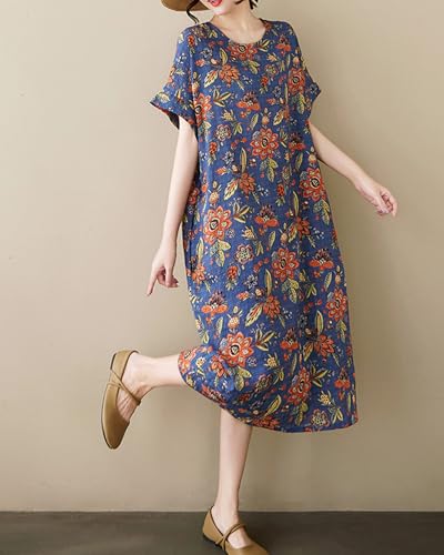 Image of LUZU JUNU Women's Summer Baggy Plus Size Loose Cotton Linen Long Boho Beach Dress with Pockets