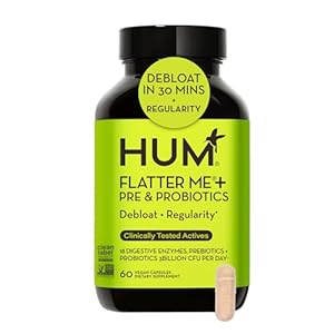 HUM Flatter Me Digestive Enzymes Plus Prebiotics & Probiotics, Digestive Health Bloating Supplement for Women & Men, Fast Acting Anti Bloat Pills Multi Enzyme for Debloating, Vegan, 60 Capsules