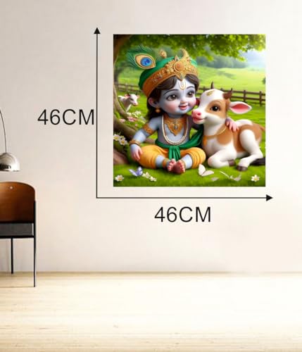 Image of Baby Krishna With Calf Wall Poster for Pooja Room, Office, Kids Room (Size- 46CM X 46CM)