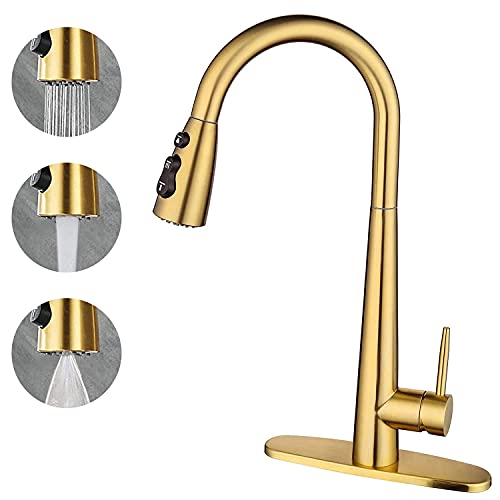 Amazing Force 3 Modes Kitchen Sink Faucet Single Handle Kitchen Faucet With Pull Down Sprayer Stainless Steel Faucet For Kitchen Sink Kitchen Faucets For Home Kitchen, Rv, 1.8 Gpm (Gold) #TOP1