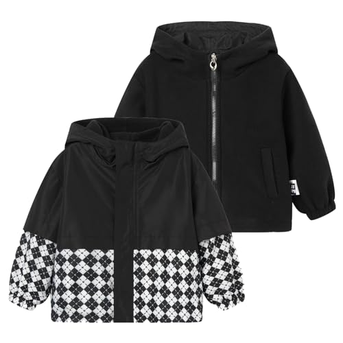 LittleSpring Toddler Boys Hooded Jackets for Kids Zip Up Reversible Coat Plaid Fall Winter Warm Waterproof Outerwear Clothes Black 2T