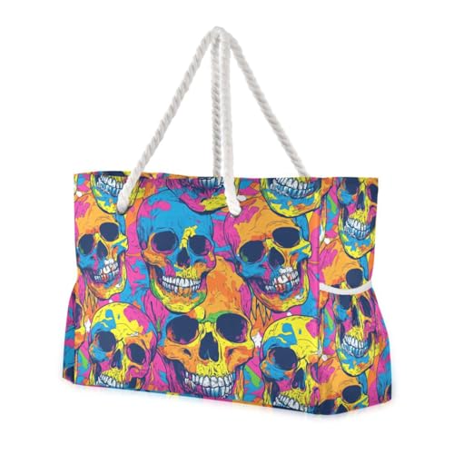 Skulls Dancing Colorful Sturdy Large Tote Bags with side pocketes Extra Large Weekender Perfect for Travel Pool Swim Beach Vacation Necessities
