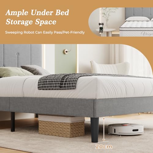 Vesgantti Linen Small Double Bed Frame With Adjustable Headboard, Solid Wooden Slats & Upholstered Platform, Easy Assembly, Noise-Free, Under Bed Storage, 4FT Small Double Bed, 120 X 190 Cm,Light Grey - 3