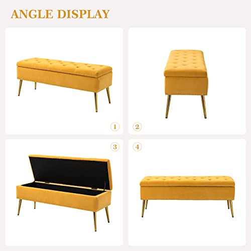 Image of HULALA HOME Modern Velvet Storage Ottoman with Gold Base & Nailhead Trim, Upholstered Bedroom Bench for End of Bed, Button-Tufted Footstool for Entryway Living Room Dining Room, Mustard