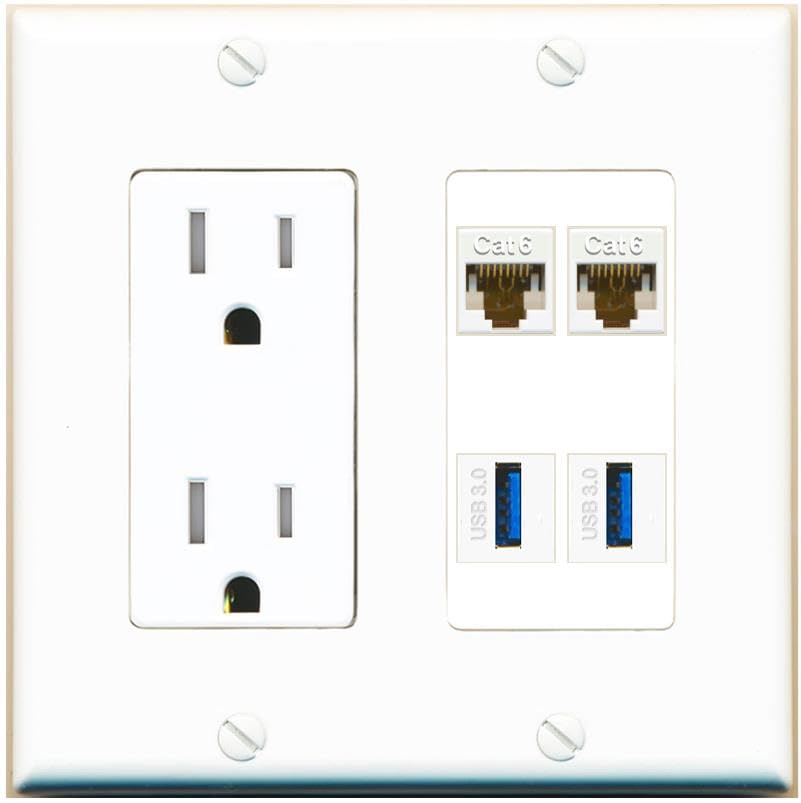 RiteAV 2 Port Cat6 2 USB3 Wall Plate - Tamper-Resistant Outlet [White]
