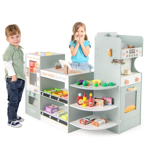 COSTWAY Marchande Enfants avec Distributeur Automatique & Comptoir de Caisse, Supermarché Enfant en Bois avec Cafetière & Four, Étagères de Présentation,...