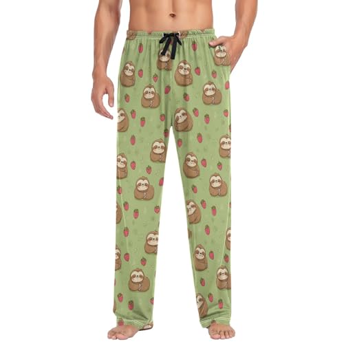 Vdsrup Men's Pajama Pants Strawberry Sloth Green Pajama Pants for Men PJs Bottoms Drawstring Pockets Sleep Lounge Pants S3