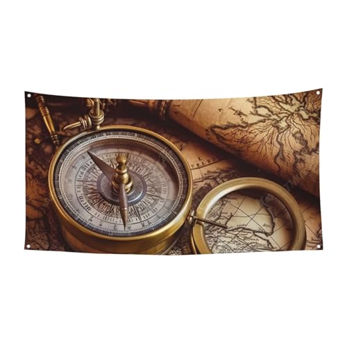 ウェルカムバナー パーティーフラッグ 写真撮影背景 バナー コンパスと旧世界地図サイン 写真小道具 バナー フェンス用 誕生日 ガーデンパーティー用品 記念品 壁の装飾旗 70 x 35インチ