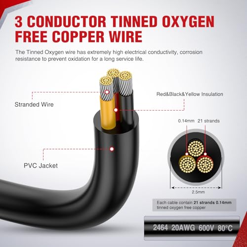 Image of Nilight 50FT 20AWG 3 Conductor Wire Tinned Copper Red Black Yellow | 3 Electrical Wire Tinned Oxygen Free Copper Parallel 600V DC Flexible PVC Case Extension Cords for LED Strip Lamp Lighting