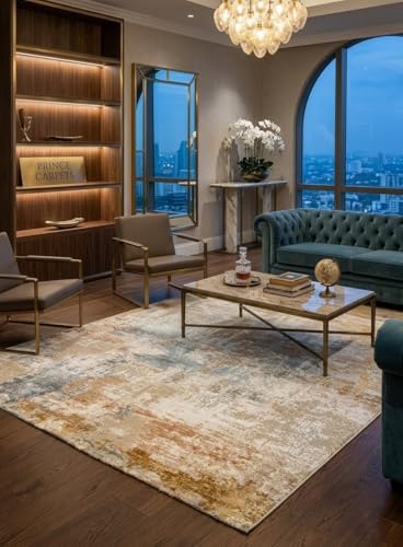 Image of 2x5 Feet (60x150 CM) Carpet for Bedroom Living Room & Hall - Ivory Multi Spiral Modern Abstract Geometric Silk-Touch Luxury Hotel-Style Washable Anti-Skid Turkish Area Rug
