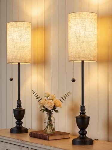 Buffet Table Lamps Set of 2 - 28 Tall Skinny Black Resin Table Lamp for Living Room - Traditional Rustic Candlestick Lamp with Pull Chain for Console Table Dining Sideboard Entryway Hallway Bedroom