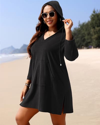 Daci Plus Size Women Terry Cloth Swimsuit Cover Up Long Sleeve Beach Bathing Suit Coverup Hooded Cotton Swim with Pockets 5