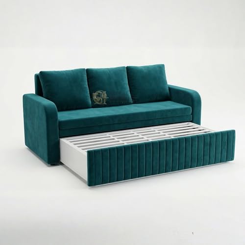 Image of Metal Frame Sofa Cum Bed with Full Cushion | Premium Velvet Fabric 3 Seater Pull-Out Sofa Bed | Space Saving Convertible Couch for Living Room | Modern Teal Color Sofa Bed 6X5 | Comfortable sleeping