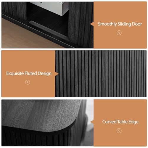 Image of 24 inch Square Side Table with Charging Station, Fluted Nighstand with Storage & Sliding Door, Large Wood End Table for Bedroom, Living Room (Square, Black)