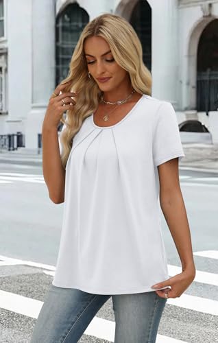 Image of WIHOLL Women T Shirts Pleated Short Sleeve Tops Business Casual Dressy Blouses