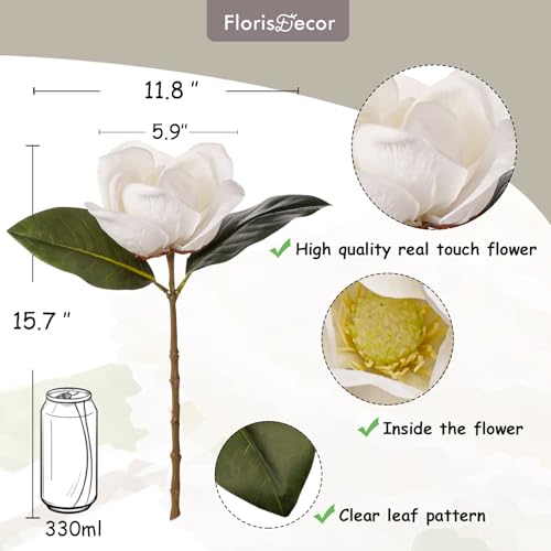 3 Stems Real Touch Creamy White Southern Magnolia Flowers, Artificial Realistic Magnolia Grandiflora for Home Décor