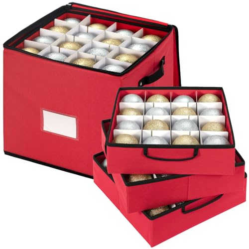 JY COOKMENT Christmas Ornament Storage Box with Adjustable Dividers, Premium Holiday Ornaments Storage Container Bin with Zippered Top for Xmas Decorations (64-3" Balls, Red, With Tray)
