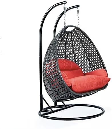 Image of Double Seater Hammock Swing Chair with Stand & Cushion | Heavy Duty Powder Coated Steel Frame | Outdoor Indoor Hanging Swing for Patio Balcony Garden Terrace Living Room (Black-RED)