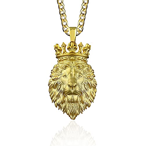 Gold Lion King Mens Necklace, 18K Gold Lion Pendant With Cuban Chain, 14K Gold Mens Lion Necklace, Personalized 14K Lion King Necklace