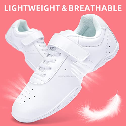 Akk Cheer Shoes for Girls - White Cheerleading Sneakers Kids Durable Hook and Loop Breathable Non Slip Training Athletic Dance Cheer Shoes Big Kid Size 2.5
