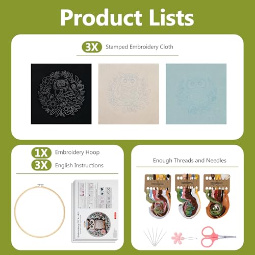 Image of Santune Embroidery Kit for Beginners Needlepoint Cross Stitch Kits Adult Needle Point Sets with Owl Embroidery Patterns, Includes Step-By-Step Instructions and Accessories