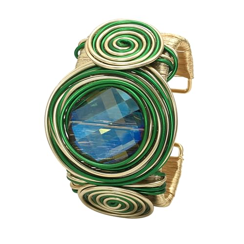 RUIYIMING Chunky African Bracelets For Women Colorful Gold Wire Wide Sparkly Rhinestone Bangle Tribal Fashion Clothes Jewelry (A Bracelet green)