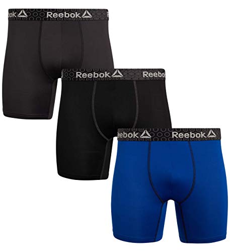 Reebok Men's 3 Pack Performance Quick Dry Moisture Wicking Boxer Briefs, Black/Cold Grey/Cobalt