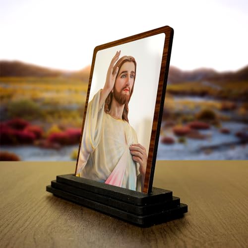 Image of Lord Jesus Christ Wooden Statue (7.5 x 10 cm) - Ideal Spiritual Gift for New Car, Housewarming & Christmas - Compact Sacred Jesus Showpiece for Home Temple & Office Desk