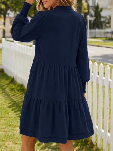 Image of Imily Bela Womens Fall Long Sleeve Tunic Dress Casual V Neck Tiered Dress | Loose,Swing,A-Line,Ruffled Collar,Puff Balloon Sleeve,Smocked Elastic Cuffs,Tiered Layered Ruffle Hem,Babydoll,Loose,Mini