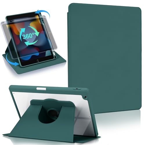 Koze Custodia Rotante per iPad 10,2 Pollici 9a / 8a / 7a Generazione 2021 2020 2019 con Portapenne, Protezione con 360 Gradi di Rotazione, Supporto Cover Retro Trasparente Antiurto Verde Notte
