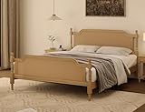 Merax Queen Platform Bed Frame with Natural Rattan Headboard and Footboard, Traditional Style, No Box Spring Needed, Solid Pine Wood, Walnut