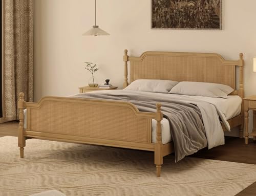 Merax Queen Platform Bed Frame with Natural Rattan Headboard and Footboard, Traditional Style, No...