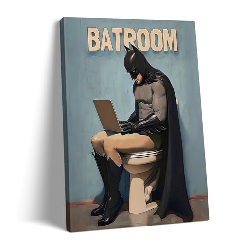 Bathroom Superhero Canvas Wall Art, Funny Comic Hero on Toilet