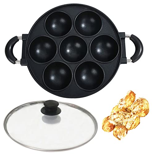 Heaunzy Japan large aperture takoyaki pan with glass cover cake mold baking pan fry eggs Poffertjes pan Appam pan Banh khot pan cupcake pan takoyaki maker Nonstick 0.95kg(7 Hole)