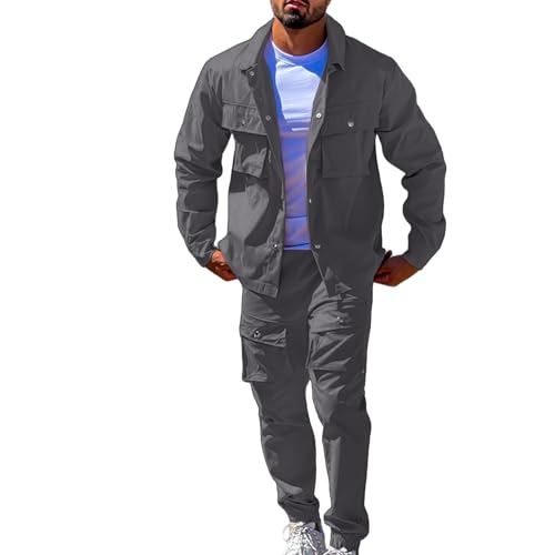 Mens Cargo Sets 2 Piece Outfits Button Down Shirt Jacket&Regular Fit Cargo Pants Trucker Outfits Vintage Fashion Dark Grey