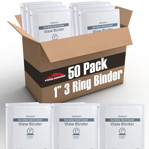 Trail Maker 1 inch Binders (50 Pack) 3 Ring Hardcover Binders in Bulk with Clear View Cover Pockets for Classroom Office Portfolios | Bulk School Teacher Office Supplies (White Only Pack)