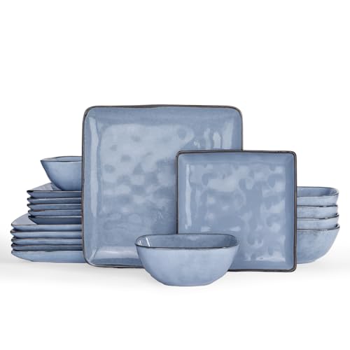 Richmount Ocean Service de table en faïence pour 6 personnes, 18 pièces, set d'assiettes carrées, service combiné avec vernis réactif, service de table résistant aux rayures, bleu