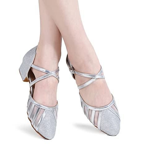 Image of Low Heel Ballroom Dance Shoes Women Latin Salsa Wedding Practice Dancing Shoes Sparkle Comfortable Closed Toe Dance Heels 1.5inch