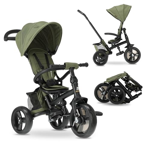 Deryan Explorer Triciclo 9 Meses a 25 kg - Evolutivo, Bicicleta Sin Pedales, Bicicleta Bebe, Plegable, para Niños, Asiento Reversible, Capota con protección Solar, Cesta, Arnés de 5 Puntos - Verde