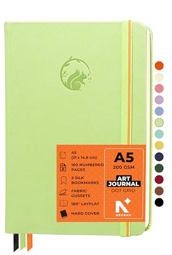 Image of NEORAH - A5 - ART JOURNAL | 200 Gsm Dotgrid Notebook | 160 Pages(21.0 x 14.8 cm) |Hard Cover|3 Bookmarks | Elastic Closure | Back Pocket | Ideal - Bujo,Drawing & Painting,Junk Journal (Light Green)