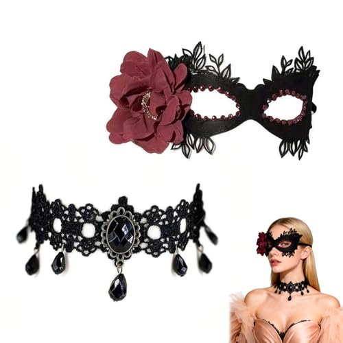 Máscara veneziana com flor vermelha e colar gótico, conjunto de 2 peças máscara feminina preta de disfarce, acessórios vintage ajustáveis para mulheres, tamanho único ideal para carnaval e festas de