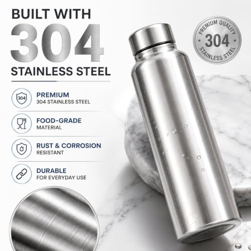 Image of TREVIO 1 Litre Stainless Steel Water Bottle, 304 Grade Food-Grade Steel Bottle with Airtight Leak-Proof Screw Cap, Wide Mouth, Rustproof Reusable Water Bottle for Office, Home, College & Travel (1)