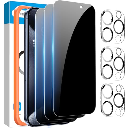 Fotbor [3+3 Pack for iPhone 15 Pro MaxPrivacy Screen Protector & Camera Lens Protector,Privacy 15 Pro Max,Anti Spy Private Tempered Glass Easy Installation Kit 6.7 Inch Accessories,Black (D-1)