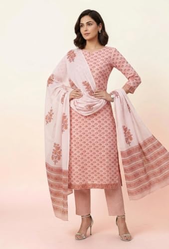 Image of Eddika women unstitched hand block printed cotton suit set with mulmul dupatta ehbpcswmd0120P