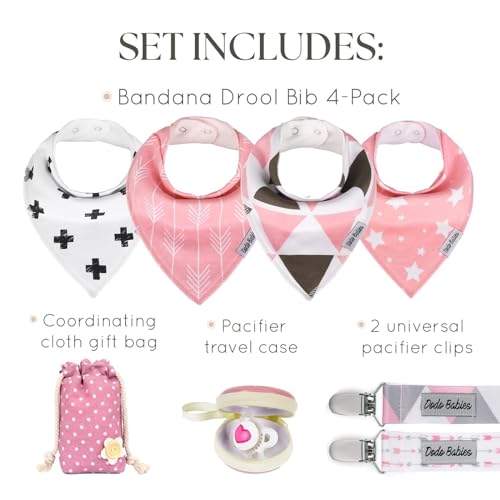 Image of Dodo Babies Baby Bandana Drool Bibs For Girls + 2 Pacifier Clips + Pacifier Case in a Gift Bag, Pack of 4 Premium Quality, Excellent Baby Shower /Registry Gift