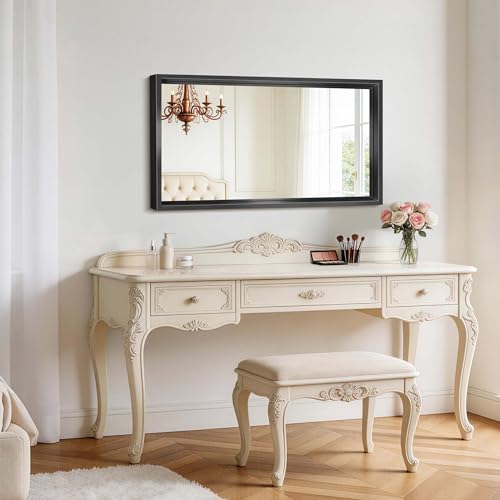 Image of Black Framed Mirror, 24 x 42 Inch Brushed Black Bathroom Mirrors for Over Sink, 0.6 inch Thickened Deep Frame Rectangle Mirrors for Wall, Tempered Glass, Antirust, Horizontally /Vertically