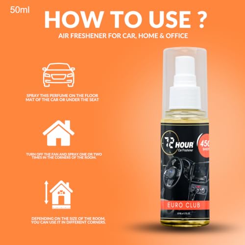 Image of 72hour Euro Club Car Perfume 50ml - Long Lasting Premium Fragrance - Multipurpose Air Freshener for Car, Home & Office - Miski Fragrance