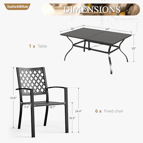 Image of Sophia & William Patio Dining Set Metal Outdoor Table and Chairs Furniture Set 7 Piece, Large 60.2 inch Dining Table with Umbrella Hole and 6 Backyard Garden Chairs Support 300LBS for Deck, Lawn, Garden