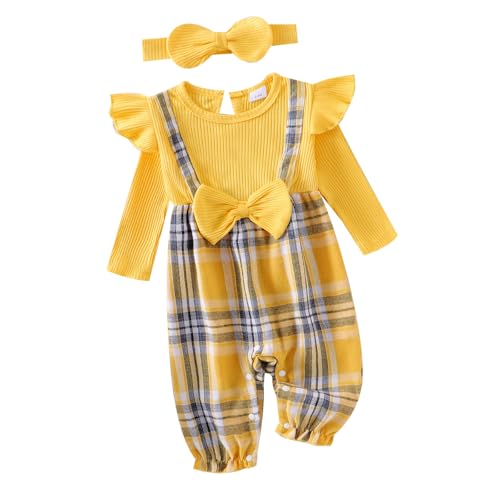 Image of Douhoow Baby Girl Festival Clothes Plaid Baby Jumpsuit Long Sleeve Jumpsuit Romper Overalls with Bow Headband